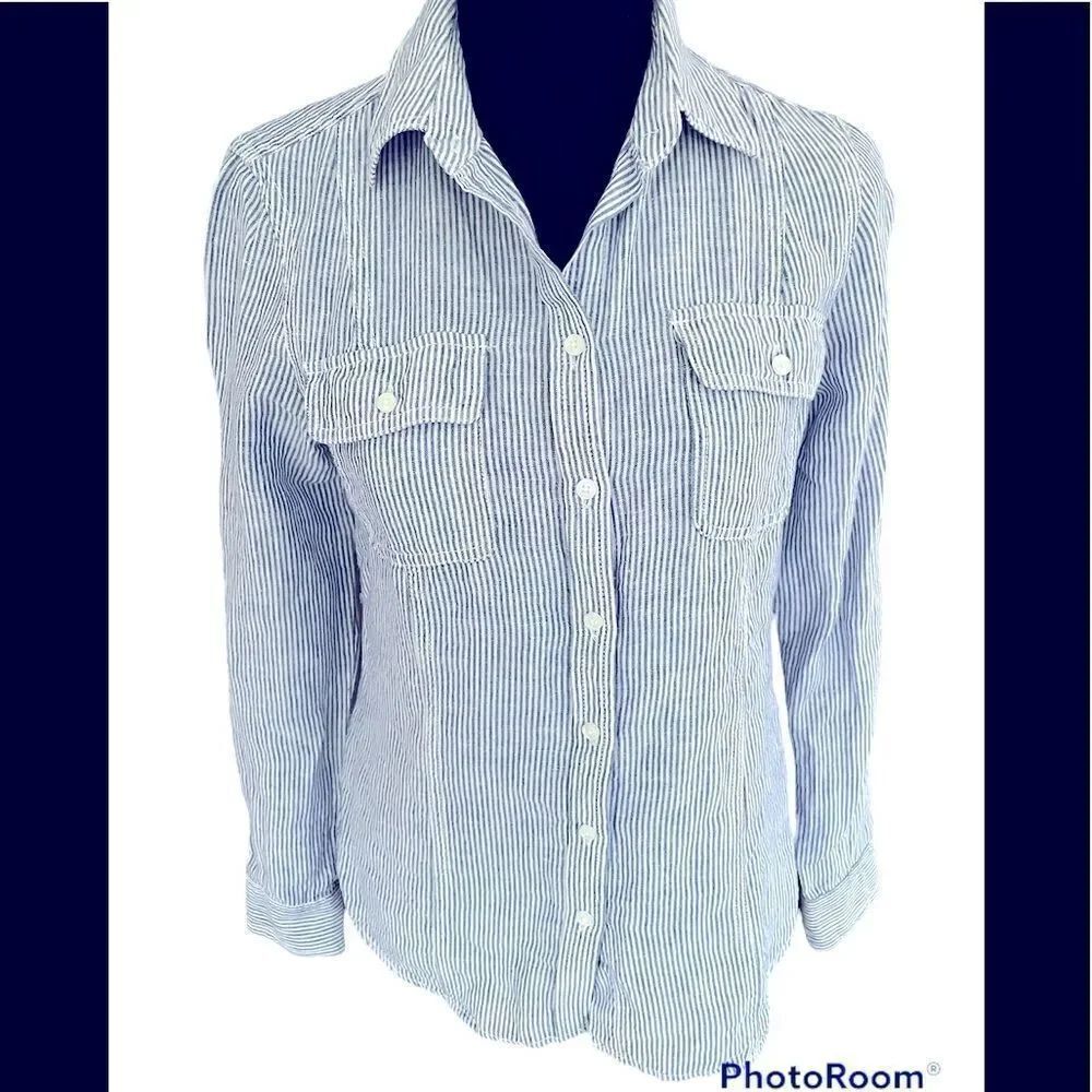 KENAR button front linen blend striped shirt with tab button sleeves, size XS